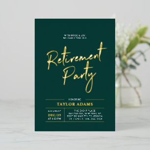 Invitation En Aluminium Gold & Green Moderne Brosse Script Retraite Party