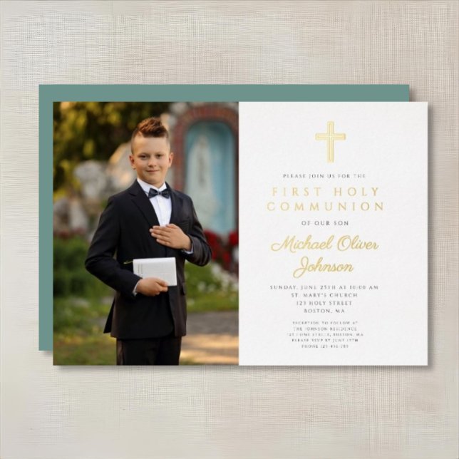 Invitation En Aluminium Gold Green Script Boy Photo First Communion (Gold Green Script Boy Photo First Communion Foil Invitation)