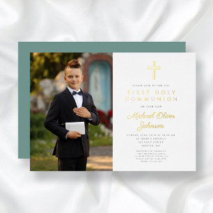 Invitation En Aluminium Gold Green Script Boy Photo First Communion
