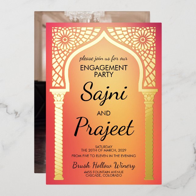 Invitation En Aluminium Gold Indian Engagement Party (Recto/Verso)