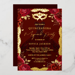 Invitation En Aluminium Gold Masquerade Party Rose rouge robe Quinceanera