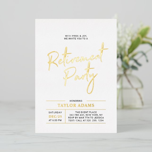 Invitation En Aluminium Gold Modern Brush Script Retraite Party (Debout devant)