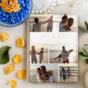 Invitation En Aluminium Gold Modern Chic Collage 6 Photos Couple Mariage