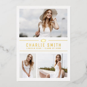 Invitation En Aluminium Gold Modern Typographie 3 Photo Graduation Party