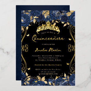 Invitation En Aluminium Gold Navy Black Swirl Scroll Floral Quinceanera