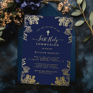 Invitation En Aluminium Gold Navy Floral Vintage Boys Première communion