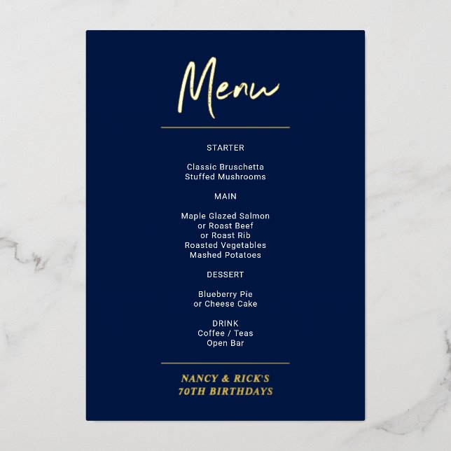 Invitation En Aluminium Gold & Navy Modern Letting Menu de fête d'annivers (Recto)