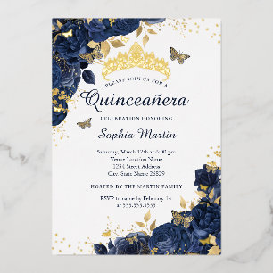 Invitation En Aluminium Gold Navy Papillon Fleur Élégante Quinceanera