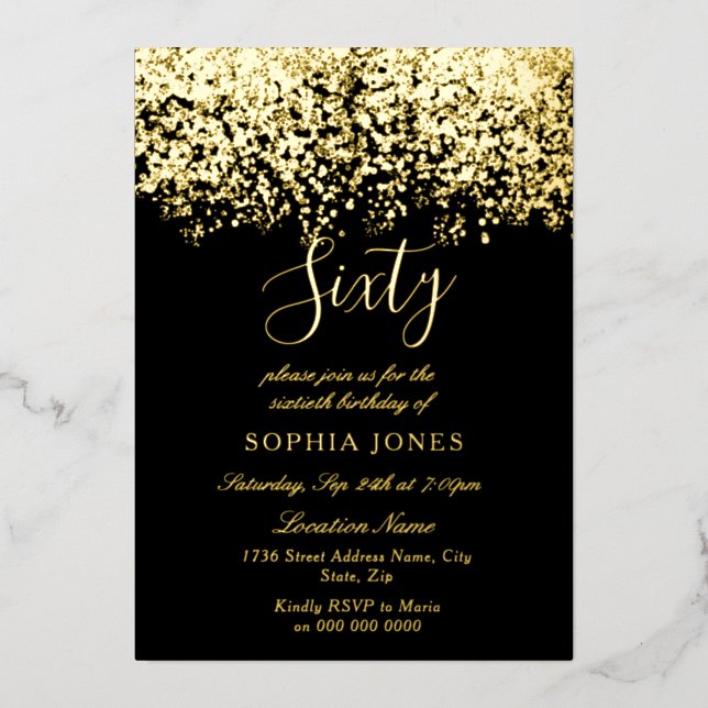 Invitation En Aluminium Gold Parties scintillant Black 60th Birthday Party (Recto)