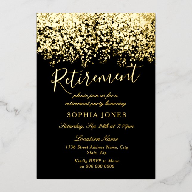Invitation En Aluminium Gold Parties scintillant Black Retraite Party Real (Recto)