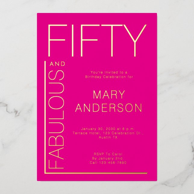 Invitation En Aluminium Gold Pink Fifty and Fabulous 50th Birthday Party (Recto)