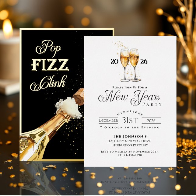 Invitation En Aluminium Gold Pop Fizz Clink New Years Eve Party (New Years Eve Party Black and White Pop Fizz Clink Foil Invitation)