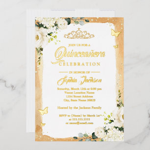 Invitation En Aluminium Gold Quinceanera Floral Sparkle Tiara Anniversaire