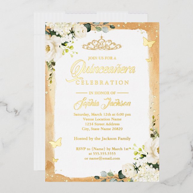 Invitation En Aluminium Gold Quinceanera Floral Sparkle Tiara Anniversaire (Enveloppe)
