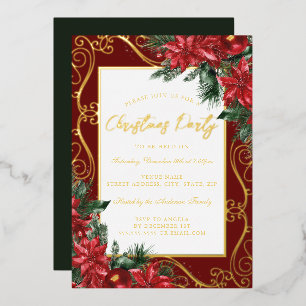 Invitation En Aluminium Gold Red Festive Floral Frame de Noël