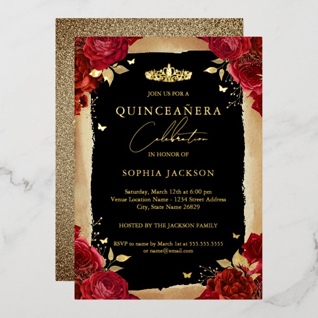 Invitation En Aluminium Gold Red Rose Tiara dentelle Quinceanera Anniversa (Recto/Verso)