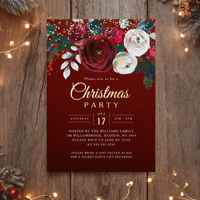 Invitation En Aluminium Gold Red Sparkle Festive Foliage Christmas Party  (Créateur téléchargé)