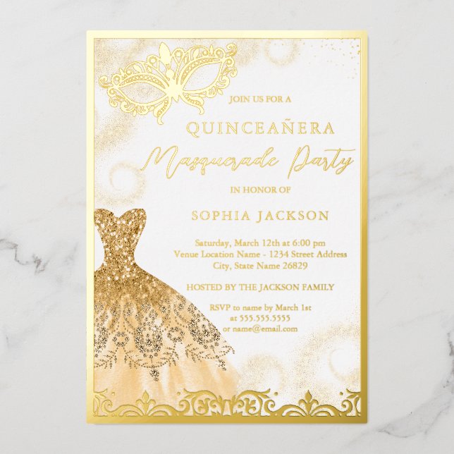 Invitation En Aluminium Gold Robe Masquerade Party Quinceanera (Recto)