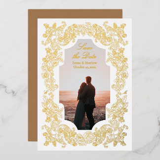 Invitation En Aluminium Gold Rococo Photo Enregistrer la date