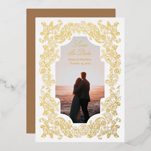 Invitation En Aluminium Gold Rococo Photo Enregistrer la date (Recto/Verso)