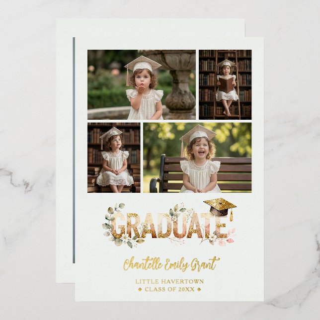 Invitation En Aluminium Gold Romantic Botanical Pre-K Graduation 5-Photo (Recto/Verso)