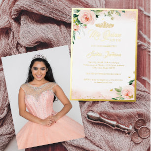 Invitation En Aluminium Gold rose Floral photo Quinceanera Anniversaire