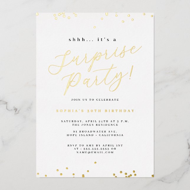 Invitation En Aluminium Gold Script Confetti Surprise Party (Recto)