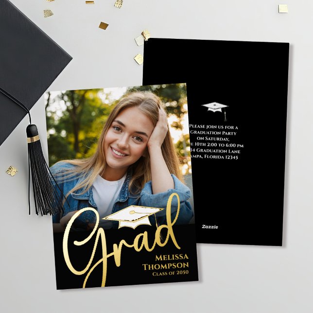 Invitation En Aluminium Gold Script Graduation Modèle photo Classic (Gold foil photo graduation photo invitation announcement)
