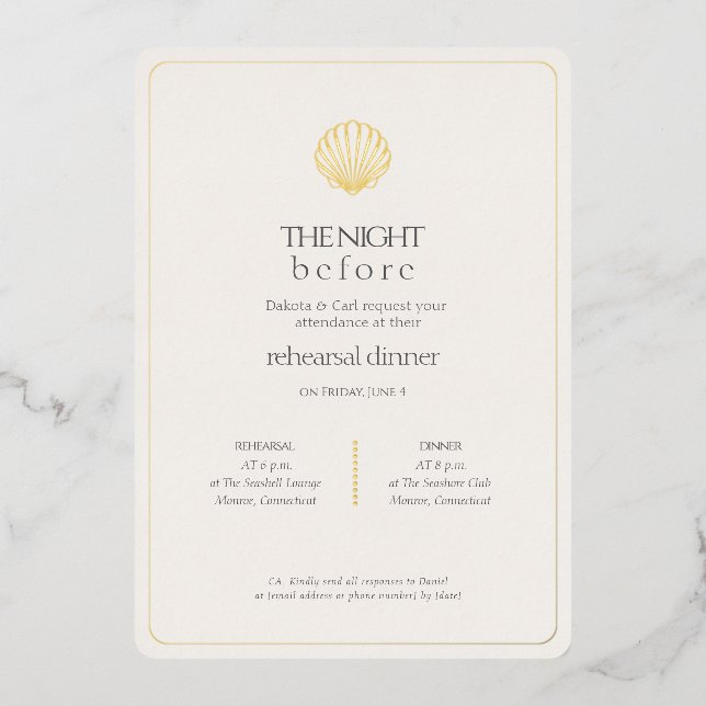 Invitation En Aluminium Gold Seashell Night Before Wedding Rehearsal (Recto)