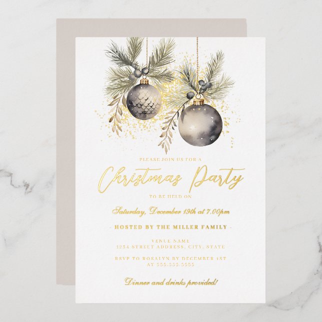 Invitation En Aluminium Gold Shimmer Baubles Noël (Recto/Verso)