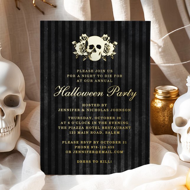 Invitation En Aluminium Gold Skull Gothique Black Halloween Party (Gold Skull Gothic Black Halloween Party Foil Invitation)