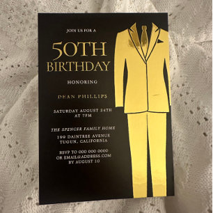 Invitation En Aluminium Gold Suit Cravate Black Mens 50e Anniversaire Fête