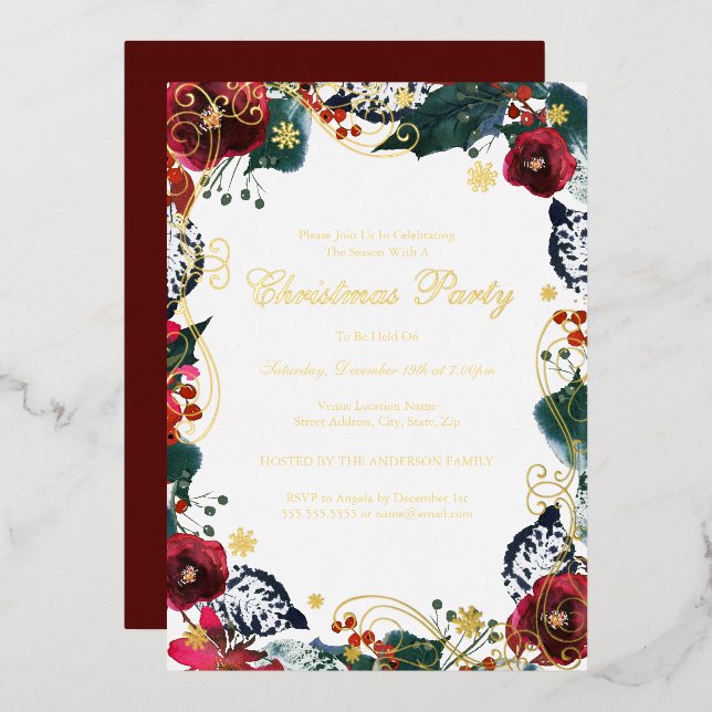 Invitation En Aluminium Gold Swirl Floral Red Green Noël Party (Recto/Verso)