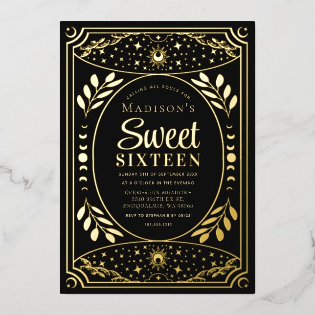 Invitation En Aluminium Gold Tarot Witchy Sweet 16 fête d'anniversaire (Recto)