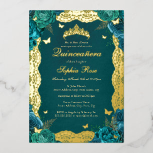 Invitation En Aluminium Gold Turquoise Rose Dentelle Quinceanera Anniversa