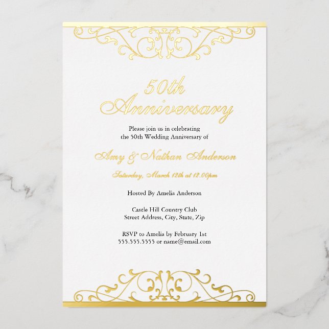 Invitation En Aluminium Gold White Elegant Swirl 50th Wedding Anniversary  (Recto)
