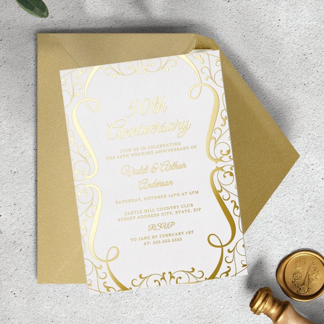 Invitation En Aluminium Gold White Swirl Élégant 50e anniversaire Mariage (Créateur téléchargé)