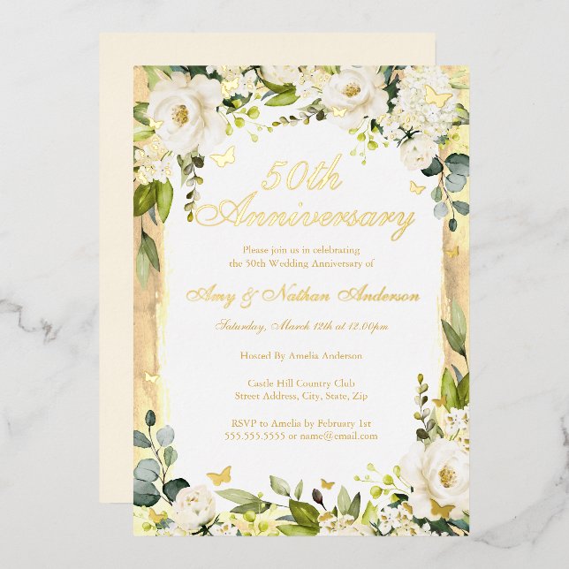 Invitation En Aluminium Golden Butterfly Floral 50e anniversaire Mariage (Recto/Verso)