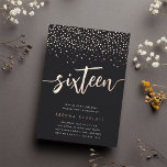 Invitation En Aluminium Golden Confetti Sweet sixteen fête d'anniversaire<br><div class="desc">Célébrez son anniversaire d'étape avec ces invitations chic à la fête de 16e anniversaire avec "seize" en feuille d'or rose moderne,  des lettres manuscrites et des confettis. Personnalisez avec les détails de votre fête en dessous. Un choix inoubliable et luxueux pour fêter les fêtes d'anniversaire du sweet sixteen.</div>