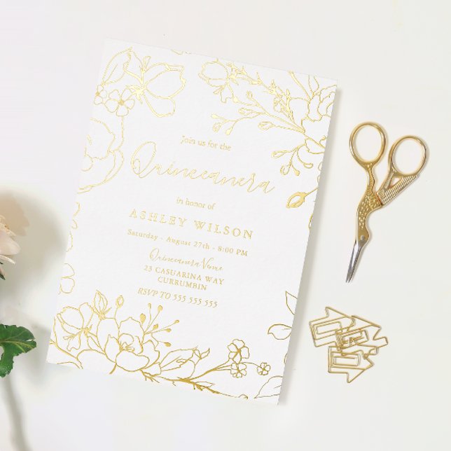 Invitation En Aluminium Golden Elegant blanc moderne Quinceanera Real Gold (Créateur téléchargé)