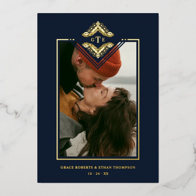 Invitation En Aluminium Golden Flourish Classic Ornament Photo Navy Blue (Recto)