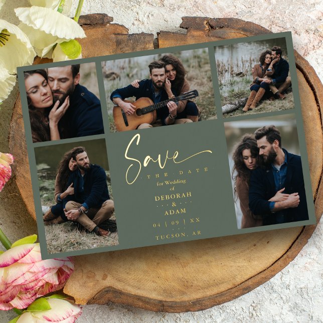 Invitation En Aluminium Golden Green Chic tendance Collage Mariage 5 Photo (Créateur téléchargé)