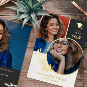 Invitation En Aluminium Golden Greenery Overlapping Photos Diplômé