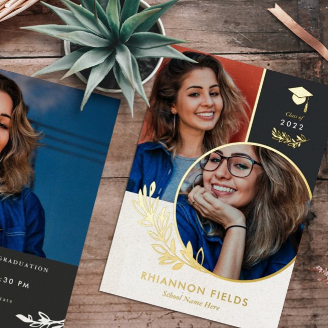 Invitation En Aluminium Golden Greenery Overlapping Photos Diplômé (Créateur téléchargé)