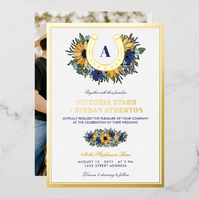 Invitation En Aluminium Golden Horseshoe Blue Sunflowers Mariage photo (Recto/Verso)