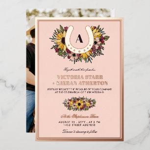 Invitation En Aluminium Golden Horseshoe Blush Sunflowers Mariage photo