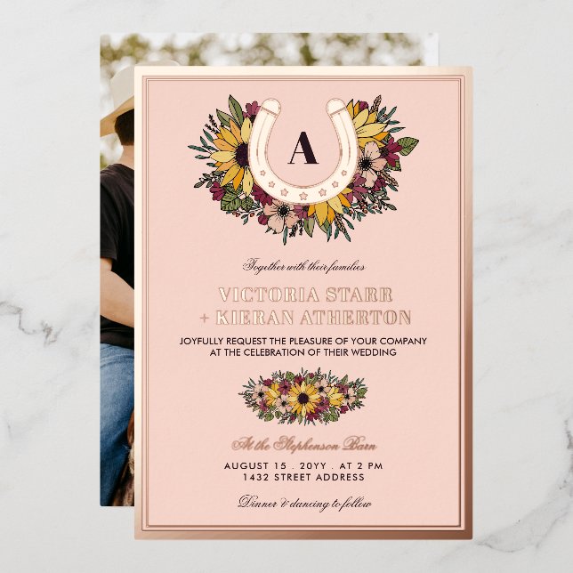 Invitation En Aluminium Golden Horseshoe Blush Sunflowers Mariage photo (Recto/Verso)