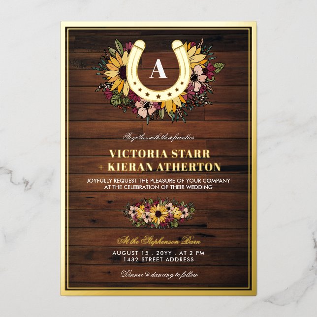 Invitation En Aluminium Golden Horseshoe Monogram Sunflowers Wood Mariage (Recto)