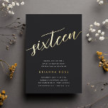Invitation En Aluminium Golden Script Sweet 16 fête d'anniversaire<br><div class="desc">Célébrez son anniversaire d'étape avec ces invitations chic à la fête de 16e anniversaire avec "seize" en écriture manuscrite en feuille d'or moderne. Personnalisez avec les détails de votre fête en dessous. Un choix inoubliable et luxueux pour fabuleuses fêtes du 16ème anniversaire.</div>