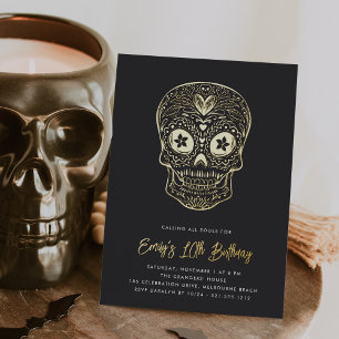 Invitation En Aluminium Golden Skull Dia de los Muertos Anniversaire